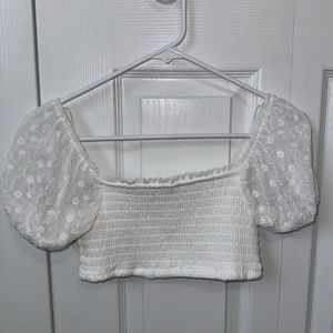 White cropped tube top with floral lace shoulders!